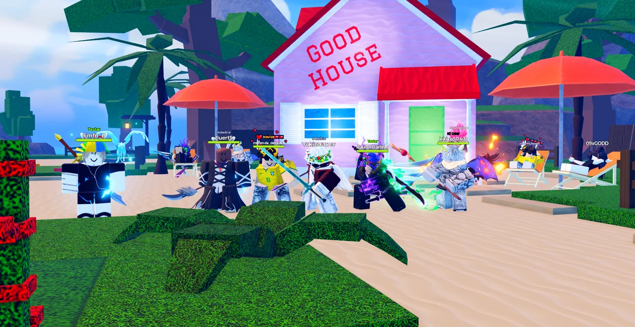 Personagens de Anime Piece reunidos em frente à Good House