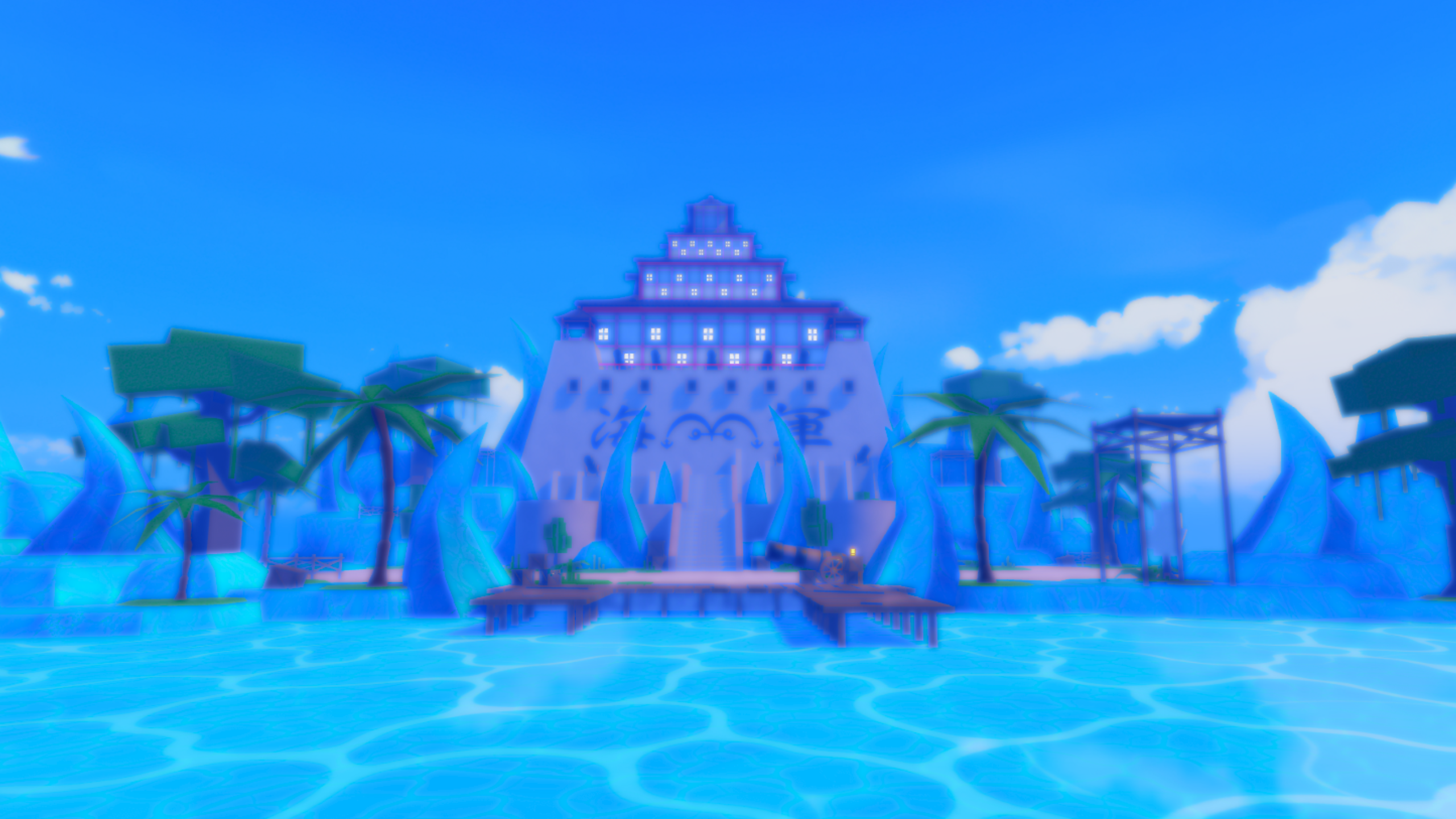 Seaside fortress and blue structures in an Anime Piece preview