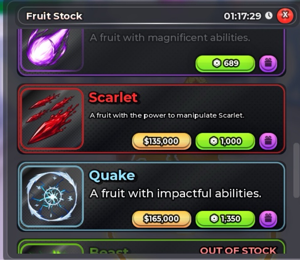 Stock com Scarlet por $135.000 e Permanent Scarlet por 1.000 Robux